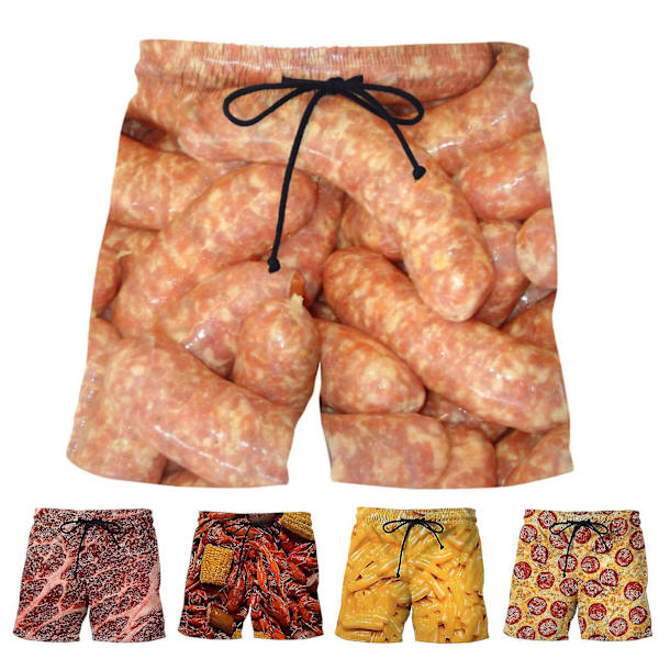 Mies makkara printti shortsit leveä lahje joustava vyötärönauha kiristysnauha ruoka shortsit.XL.Punainen