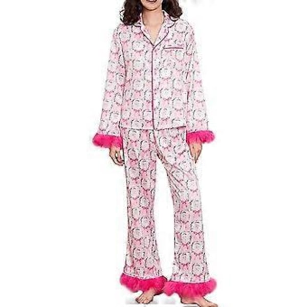 Dam Pyjamas Set med Fjäderkant Långärmad Knappuppslagen Topp Byxor 2-delad Loungeset Satin PJs Pyjamas Nattkläder (2XL Rosa)