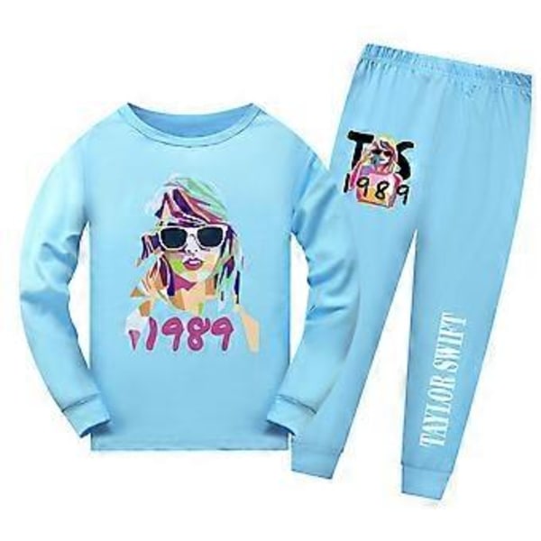 9-14 år Jenter Popstjerne Taylor Swift Pyjamas Sett Pjs Lang Ermet T-skjorte Bukser Nattøy Antrekk Sleepwear (11-12 år Blå)