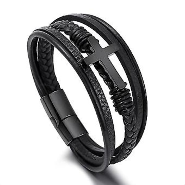 21cm Dropshipping Ægte Læder Armbånd Mænd Rustfrit Stål Multilayer Flettet Reb Armbånd Til Mand Smykker Armbånd Homme (H7736-2)