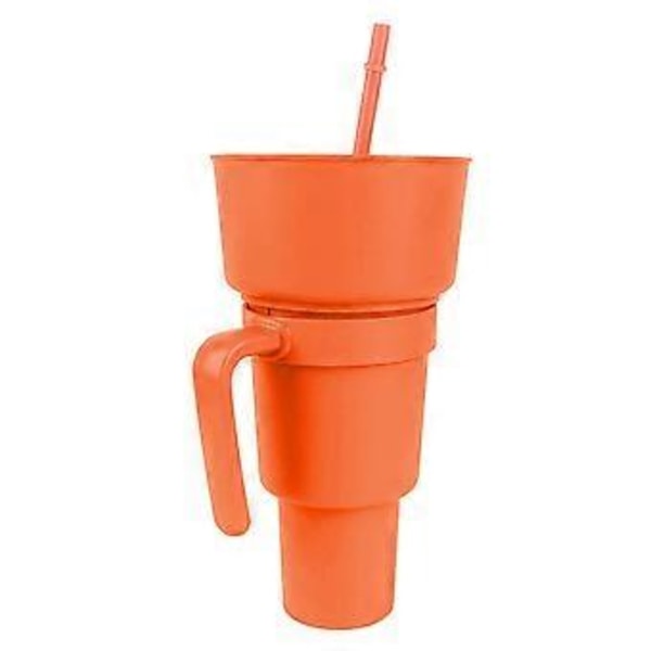 2-i-1 Snack- og Drikkkopp med sugerør, stor åpning, plastbeger, topp snacks-skål for kino, hjem, reise (oransje)