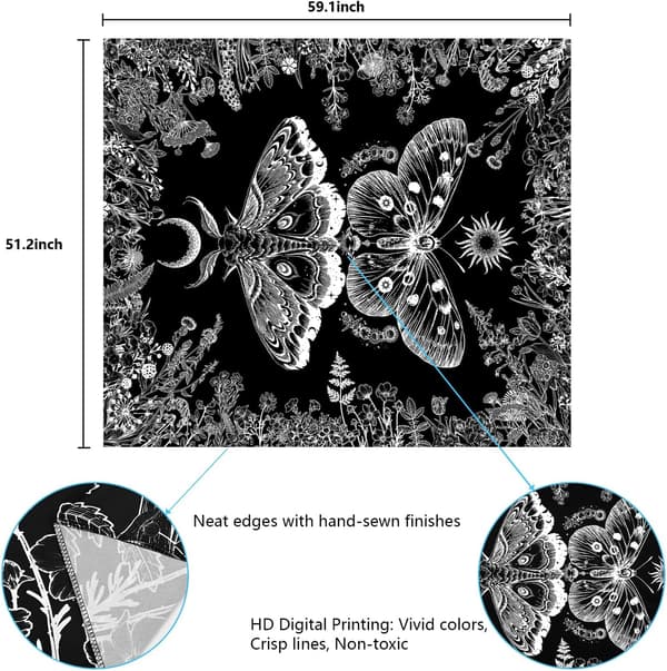 Estetisk fjärilstapet Växter Blommor Tapestries Boho Moth