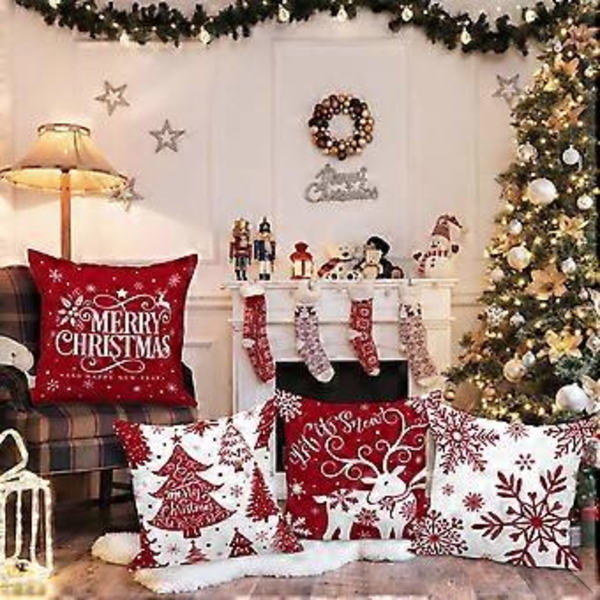 Vita och Röda 12x12 Jul Kuddfodral Set om 4, Dekorativa 12 Tums Vinter Snöflinga Kuddfodral Jul Kuddfodral för inomhus