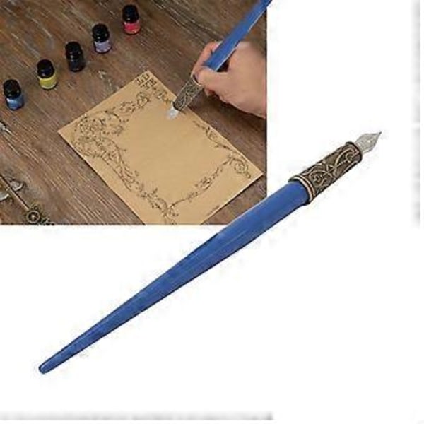 Kalligrafipenna Set Safirblå Graveringspennhållare Rostfritt Stål Spets Portabel Presentförpackad Skrivdopppenna Kit
