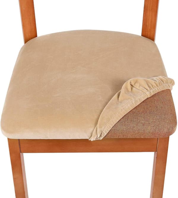 Set om 4, Beige Stretch Stolsöverdrag för Matsal, Sammet