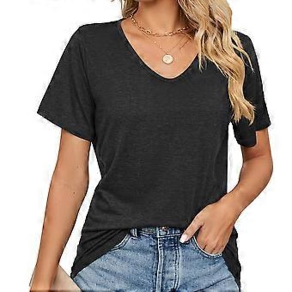 Dame Skjorter V-hals Kort/Langærmet Bomulds Toppe T-shirt Basic Tees Maskinvask (sort)