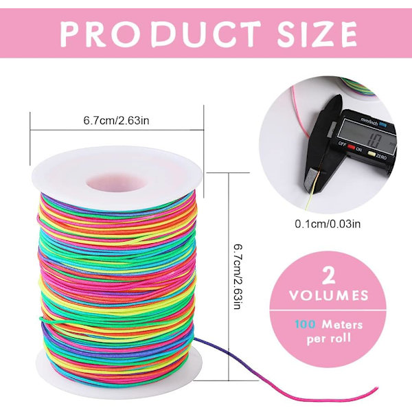 2 ruller 1 mm 100 meter regnbue elastisk snor, fargerik elastisk armbånd