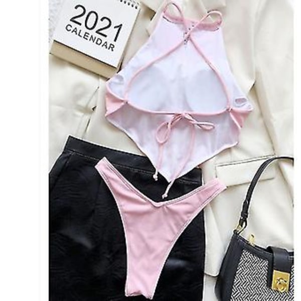 Naisten korkeavyötäröinen uimapuku, kaksiosainen bikinisetti  Bikini (M PINKKI)