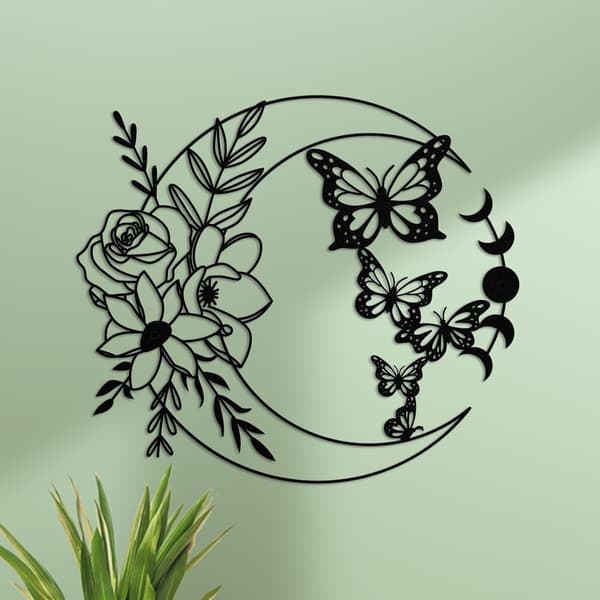Moon Butterfly Metal Wall Decor Boho Wall Art Floral Boho Wall Ha