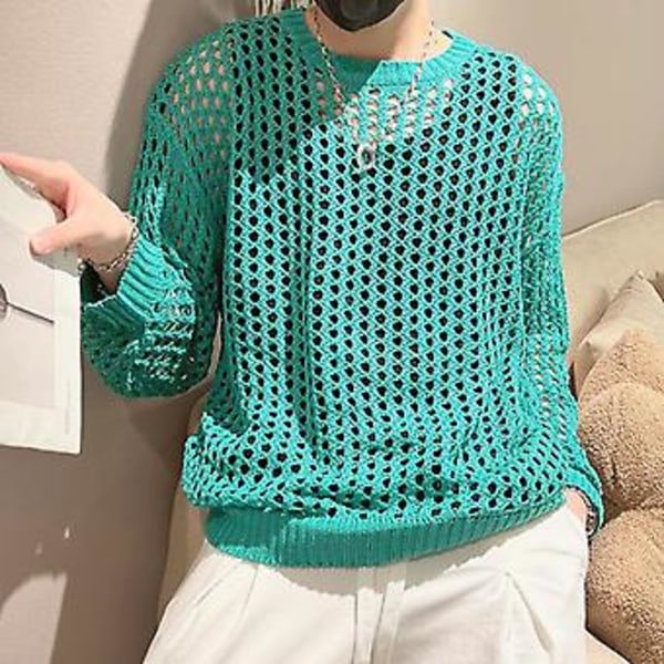 Mænd Hul Top Mesh Fiskenet Ensfarvet Rundhals Løstsiddende Langærmet Clubwear Hip Hop Gennemsigtig Elastisk Trøje Party Top (XL Cyan)