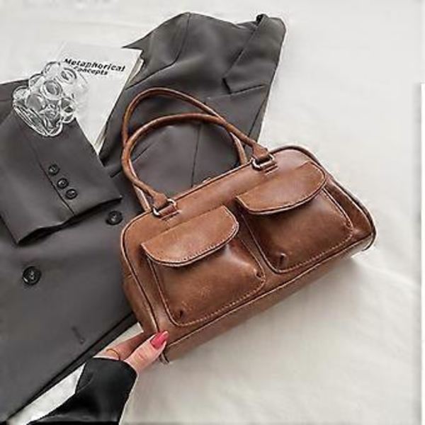 Læder Skuldertaske Kvinder Dobbelt Lomme Designer Armhule Håndtaske Pung (Retro Brun)