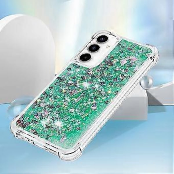 For Samsung Galaxy A35 5G TPU Deksel Glitter Flytende Sand Støtsikkert Telefon Bakdeksel (Grønn/Hjerter)