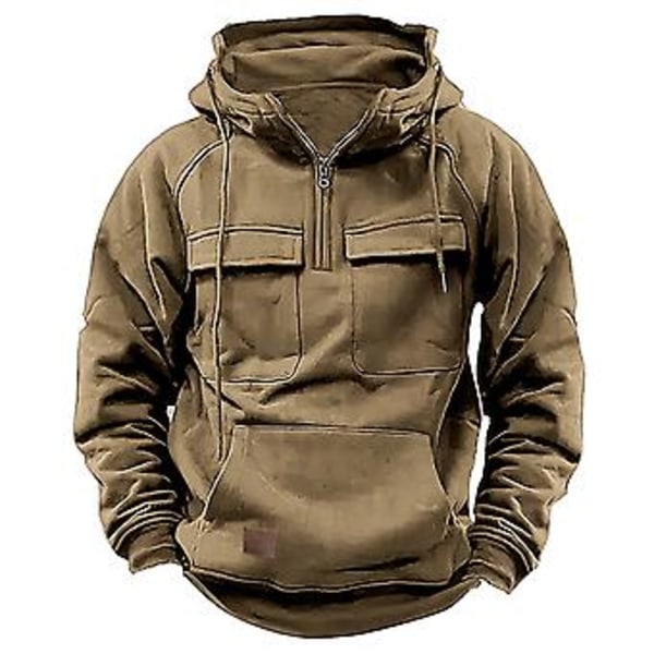 Mænd Efterår Vinter Hoodie Snøretræk Solid Farve Løse Lommer Langærmet Stor Patch Lomme Halv Lynlås Elastisk Manchet Mænd Trøje (2XL Khaki)