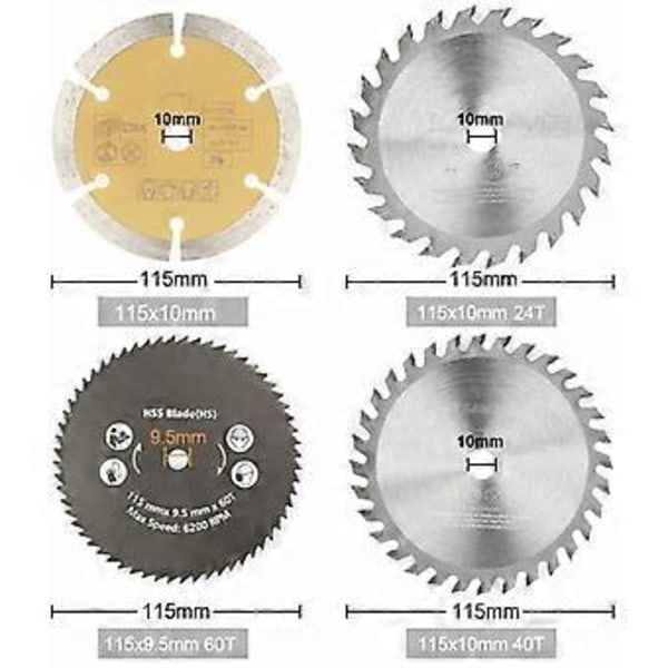 115MM Pyörösahanterä, 24T, 60T ja 60 Grit, TCT, HSS ja Timanttiterä, Puu, Metalli ja Timantti Mini Pyörösaha ei-rautametalleille