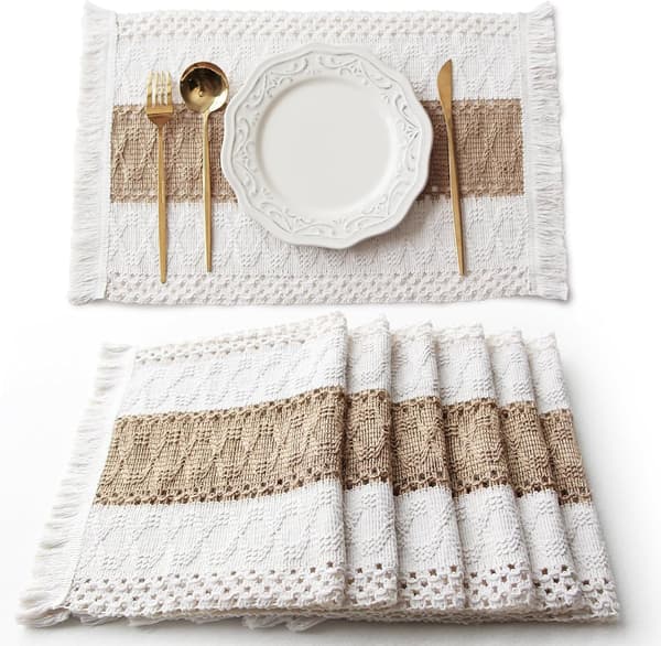 Boho-dukar, set om 6, macramé-bordsdekoration och bondgårdsstil