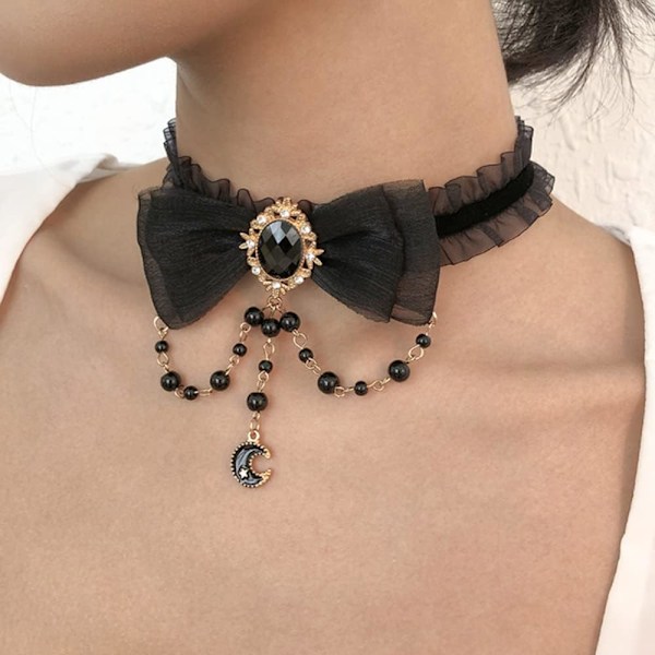 (Svart)Gotisk svart fluga halsband för kvinnor flickor spets choker halsband pärlor måne hänge halsband för Halloween Bl