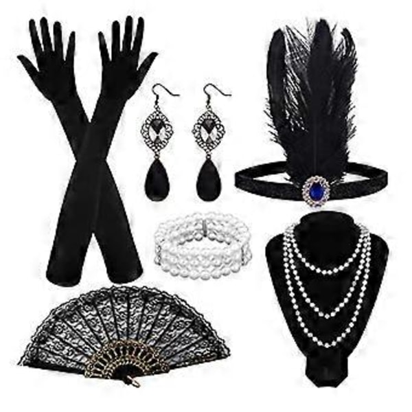 1920'er Kvinder Flapper Tilbehør Retro Gatsby Kostume Tilbehør Sæt 20'er Flapper Pandebånd Perlehalskæde Armbånd Øreringe Handsker -NMAOV( F)