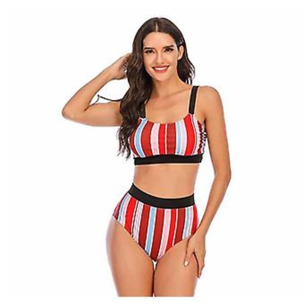 Girl’s swimsuit bikini  striped sexy backless plus size swimwear for holiday M Red