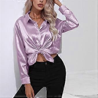 Forår Efterår Satin Bluse Imitation Silke Langærmet Skjorte til Dame Plus Size Løse Toppe (XXL lavendel)