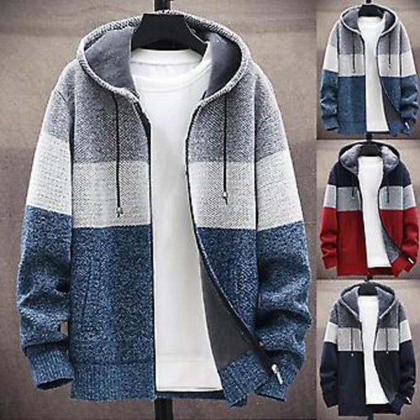 Hettejakke for menn i fargeblokk, strikket, tykk, med plysjforing, varm cardigan-genser for kontor (2XL Blå)