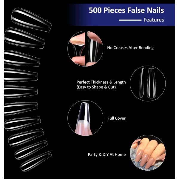 500 st falska naglar, gelamerikanska nagelkapslar, 10 storlekar full C