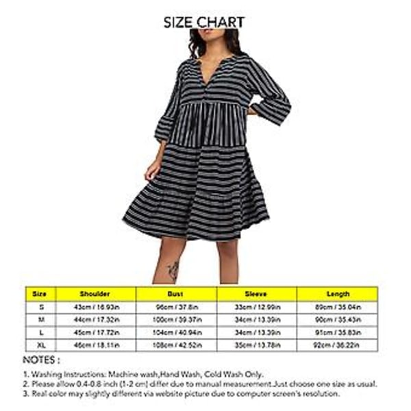 V-hals Lang Kjole til Kvinder 3/4 Ærme Åndbar Mode Løstsiddende Kant Print Kjole til Daglig Casual Fest (XL Sort)