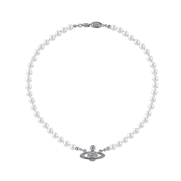 Imitation pearl choker rhinestone saturn charm pendant clavicle necklace women gift Silver