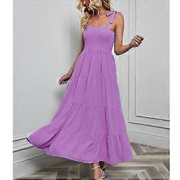 Rypytetty rinta, solmittavat olkaimet, yksinkertainen tyylikäs ja elegantti kerroksittainen mekko rannalle ja lomamatkalle (L Violetti)