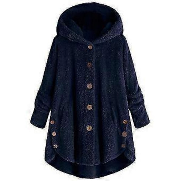 Damjacka Mode Knäppning Fluffig Ull Hooded Jacka Lös Vinter Värme Plus Storlek (5XL Marinblå)