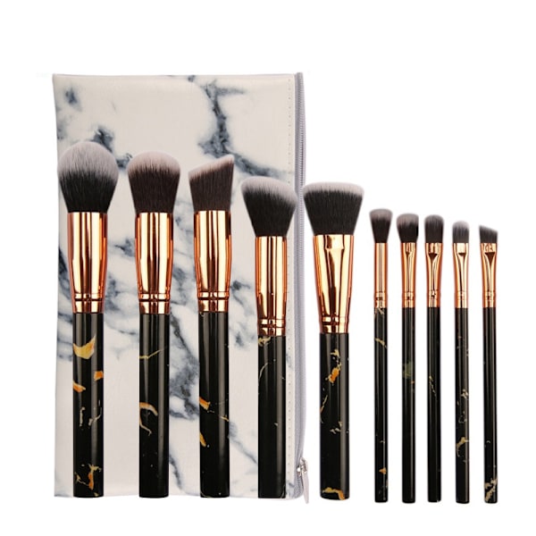 Bærbart makeup børste sæt (sort), 10 stk. marmor makeup børste