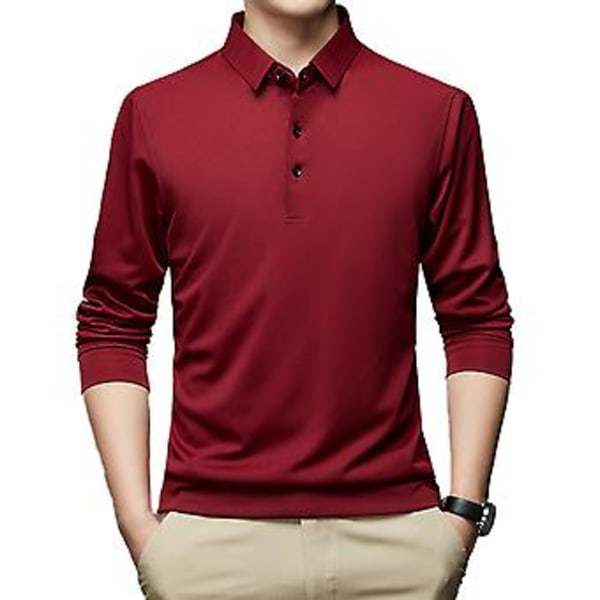 Fianao Miesten Paita Napillinen Kaulus Pitkähihainen Yksivärinen Syksy Slim Fit Lapellinen Toimisto Pusero Yläosa (4XL Viininpunainen)