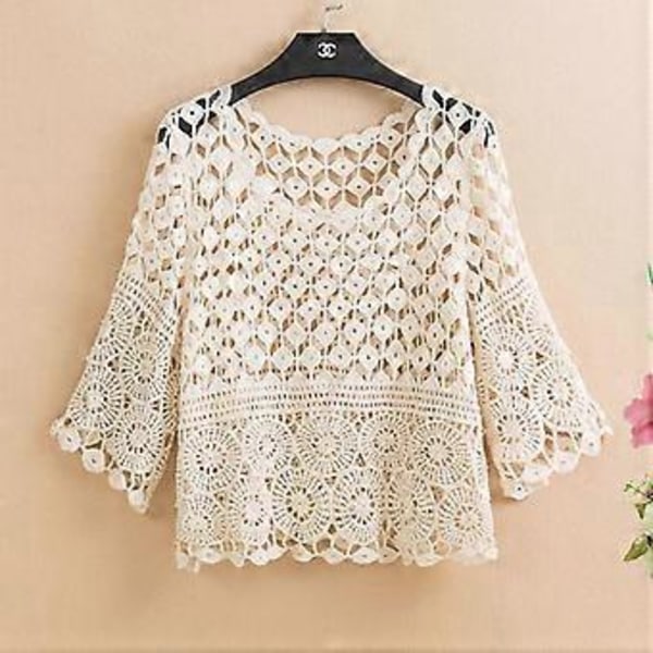 Strikket heklet jakke i ensfarget hul design for vår og sommer, ny motestil, løs passform, rund hals, fempunktsermer, håndlaget topp for kvinner (L beige)