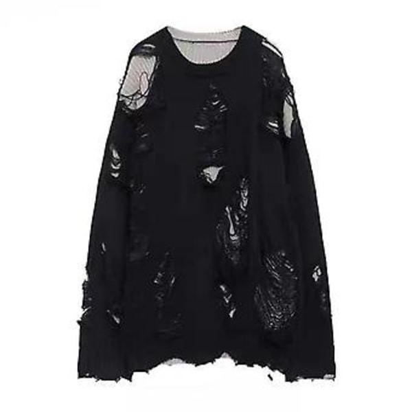 Høst- og vintergenser for menn, revet, falsk todelt, hiphop, hullet, strikket, rund hals, lang ermet, løs, myk, tykk, varm, streetwear, genser for menn (XL svart)