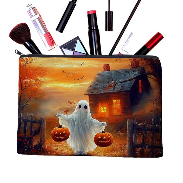 Halloween Spøgelse Græskar Print Opbevaringstaske, Bærbar Lynlås Makeuptaske og Diverse Opbevaringspose
