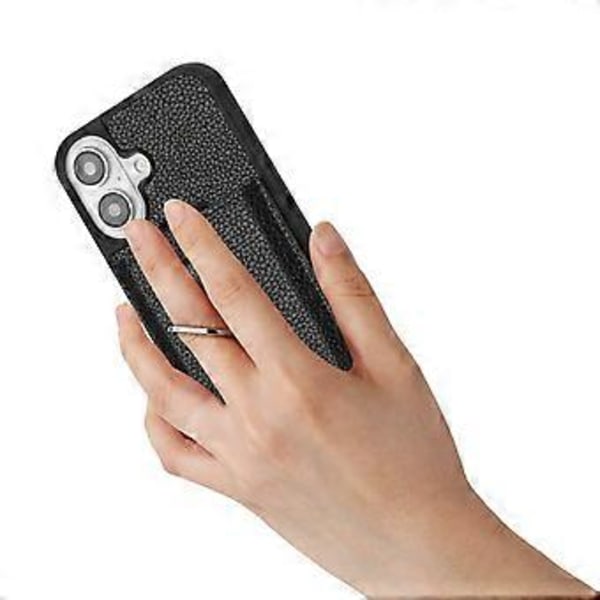 iPhone 16 Plus -kotelo, korttipaikat, nahkainen takakuori ja sormipidike (tyyli A)