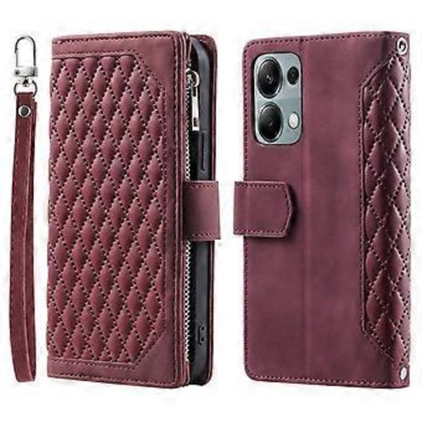 Fodral med dragkedjeficka i läder med handledsrem för Xiaomi Redmi Note 13 Pro 4G/Poco M6 Pro 4G (Vinröd)