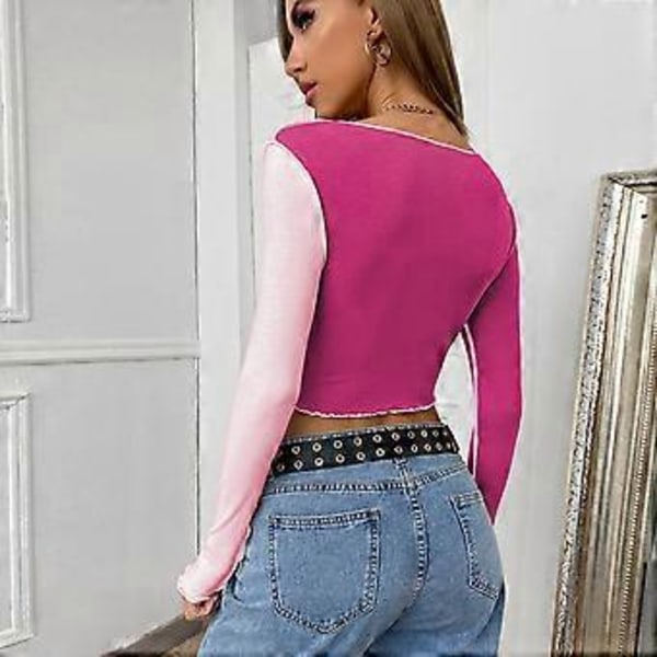 Langermet firkantet hals crop top for kvinner, ribbestrikket slim fit casual t-skjorte topper rosa slim fit patchwork bluse (X Large)