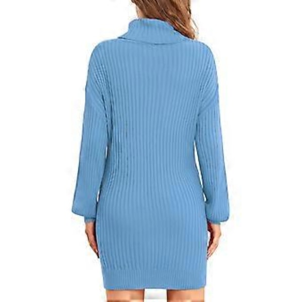 Kvinnors Turtleneck Stickad Klänning Höst Vinter Casual Lös Lång Puffärm Ribbstickad Pullover Klänning (XL Ljusblå)
