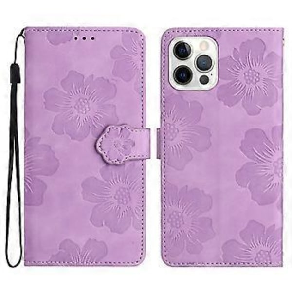Til iPhone 12 Pro 6.1 tommer Blomster Præget PU Læder Telefon Cover Foldbart Stativ Pung Cover (Style B)