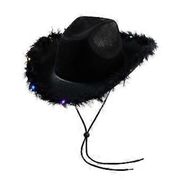 Lysande Cowboyhattar för Kvinnor Fluffig Fjäderbrätte Led Cowgirl Hatt för Möhippa, Maskerad, Utklädning (Svart)