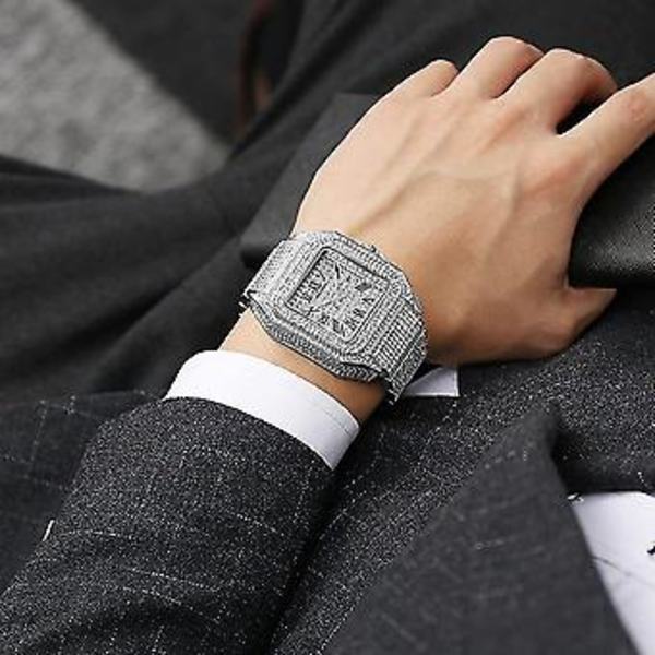 Mode Hip Hop Herrar Kristall Klocka Bling Bling Klocka Rektangulärt Foder Rostfritt Stål Kvarts Analog Armband Armbandsur