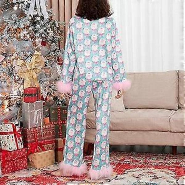 Dame Pyjamassett med Fjærkant, Lang Erme, Knapper, Todelt Loungesett, Satin PJs, Pyjamas, Nattøy (2XL Blå)