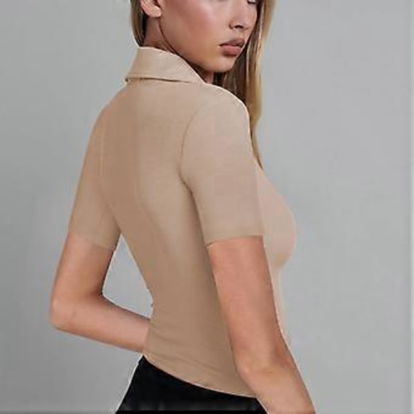 Åtsittande Jumpsuit Topp Slank Djup V-ringad Kortärmad Enfärgad Nedåtvänd Krage Ribbad En-delad Topp (XL Beige)