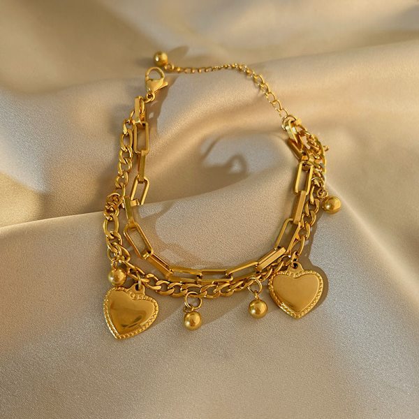 Guld rostfritt stål multikedjor armband med boll och hjärta berlocker för kvinnor