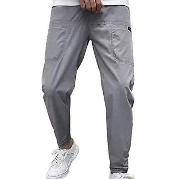Män Byxor Elastisk Midja Flera Fickor Brev Broderi Ankel Längd Daglig Användning Solid Färg Slim Fit Is Silke Män Pencil Byxor Män Kläder (32 Grå)