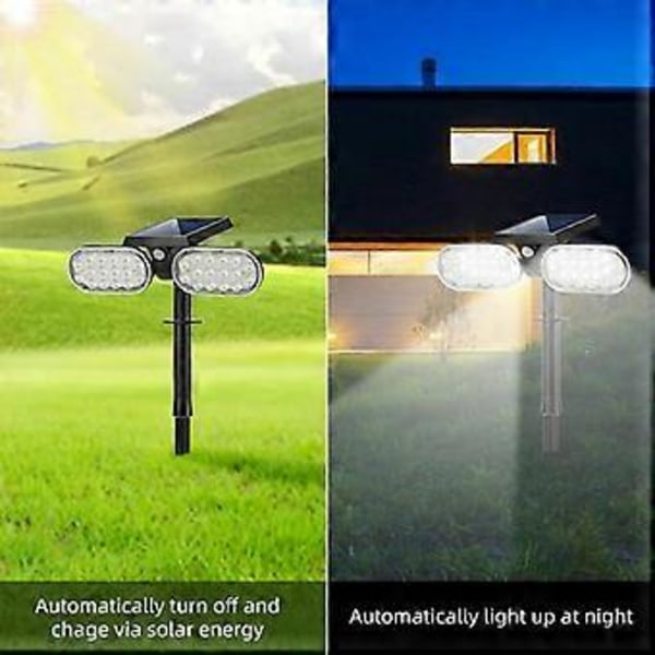 Solcellsdriven trädgårdsbelysning med dubbla huvuden, 32 LED, solcellsdriven spotlight för markmontering med ljuskontroll, IP65 vattentät rörelsesensorlampa 2200 m