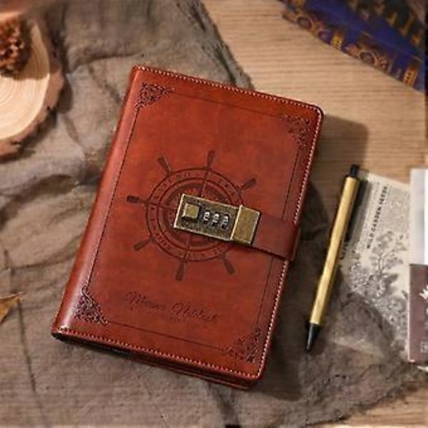 Læder Lås Dagbog, Vintage Journal med Lås til Kvinder, B6 Dagbog med Kombinationslås Personlig Dagbog Genopfyldbar Låsende Journal Skrivehæfte til
