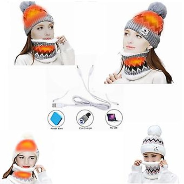 USB Opvarmet Beanie Hat og Halsvarmer Blød Åndbar Plys Tyk Ski Beanie Hat Sæt til Kvinder til Løb Ski (Hvid)