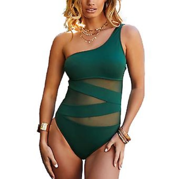 Dam Monokini Mesh Asymmetriska Axelband Badkläder Hög Utskuren En Delig Baddräkt (XL Grön)