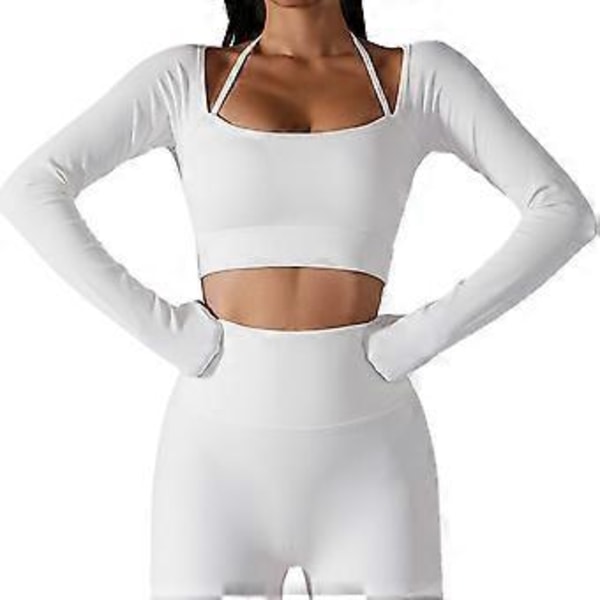Yogatopp för kvinnor, Fitness, Rundhalsad, Halter, Långärmad, Tumhål, Träningskläder, Sportkläder med bröstkudde (XL Vit)
